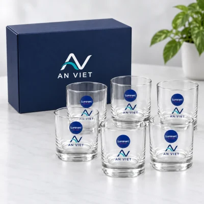 Minh họa sáu ly Luminarc 19122 cạnh hộp xanh đậm với nhận diện AN VIET