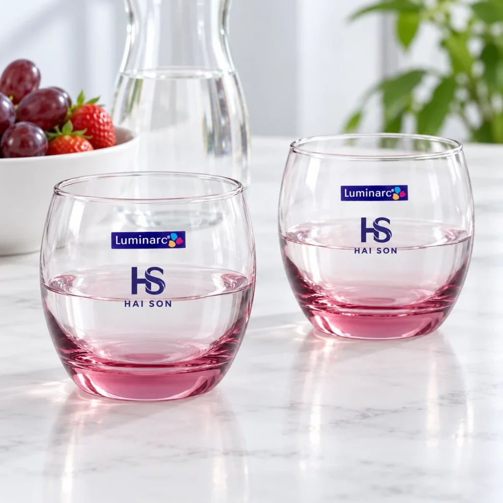 Minh họa hai ly Luminarc J5386 có logo HAI SON tại góc nghỉ văn phòng