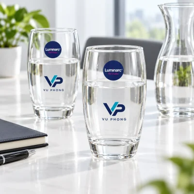 Minh họa hai ly Luminarc L8951 có logo VU PHONG tại bàn tiếp khách