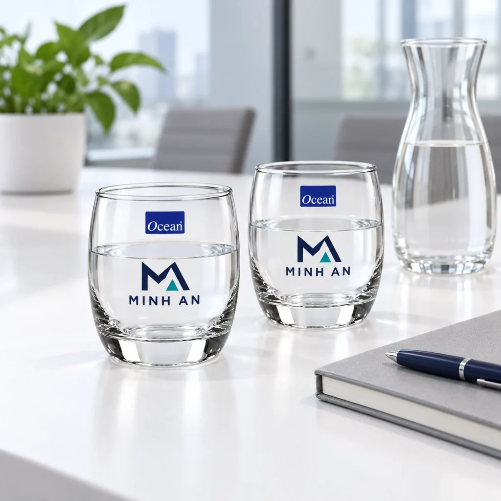 Minh họa hai ly Ocean B13009 có logo MINH AN tại bàn tiếp khách