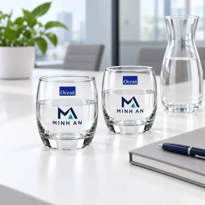 Minh họa hai ly Ocean B13009 có logo MINH AN tại bàn tiếp khách