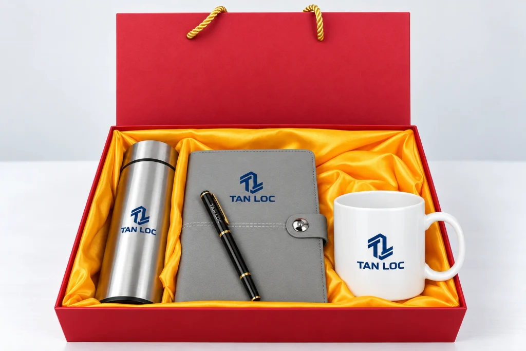 Minh họa biểu tượng TL và tên TAN LOC trên sổ, bình, cốc cùng tên khắc nhỏ trên bút, giữ chi tiết tai gài tròn