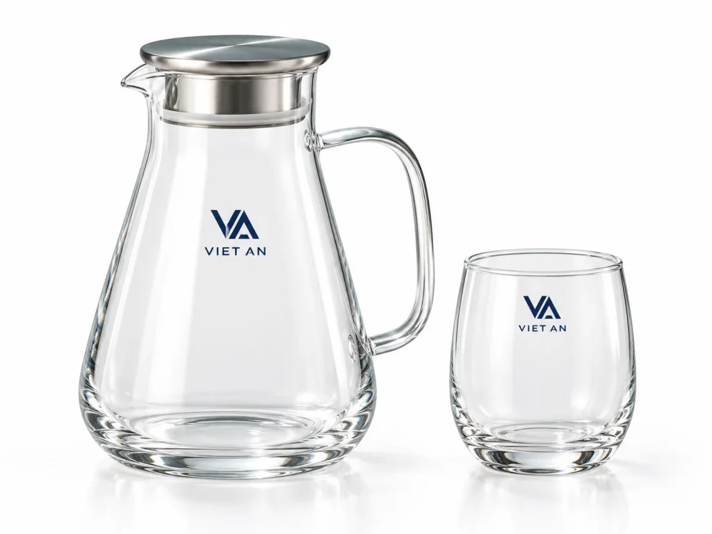 Mô phỏng logo VA VIET AN trên bình và ly thủy tinh