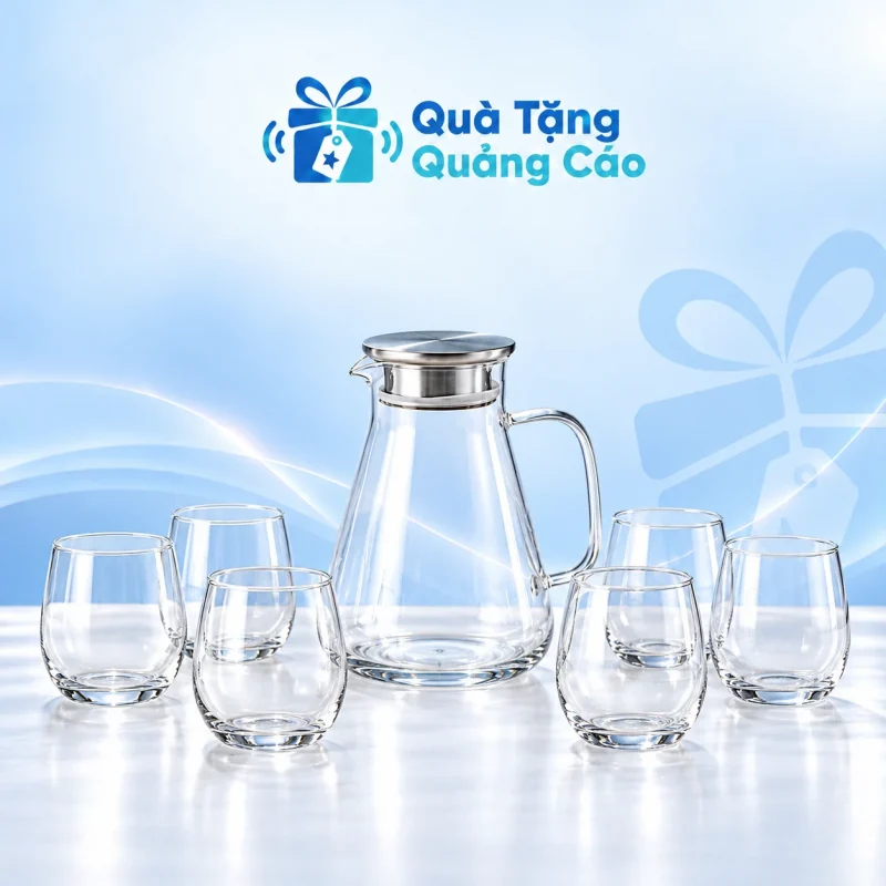 Bộ bình thủy tinh 1,3 lít kèm 6 ly bầu 340ml in logo