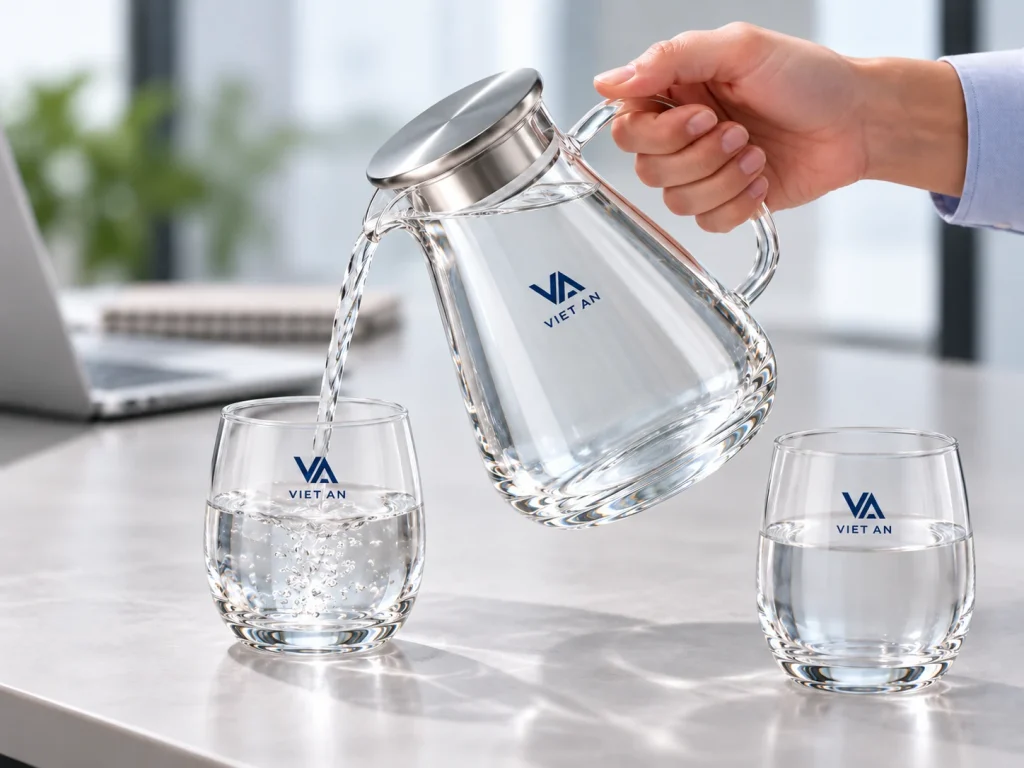 Minh họa rót nước từ bình vào ly bầu in logo