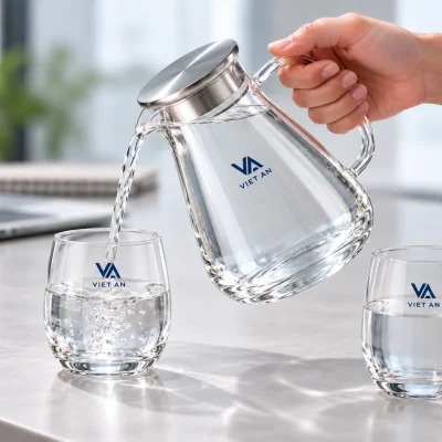 Minh họa rót nước từ bình vào ly bầu in logo