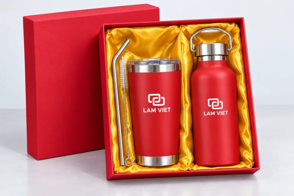 Minh họa logo liên kết và chữ LAM VIET màu trắng trên bình 500ml và ly 600ml trong hộp