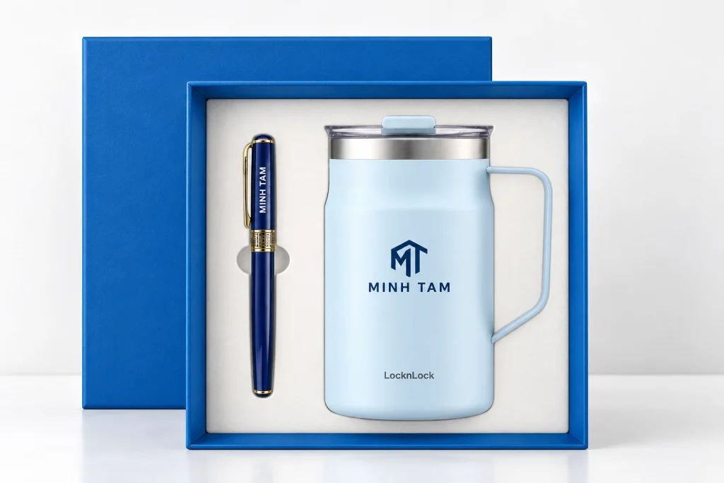 Minh họa biểu tượng MT và tên MINH TAM trên cốc, tên một màu trên bút, giữ rõ nhãn LocknLock