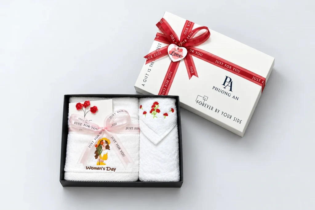 Minh họa nhận diện PA PHUONG AN trên nắp hộp của bộ hai khăn họa tiết 8/3