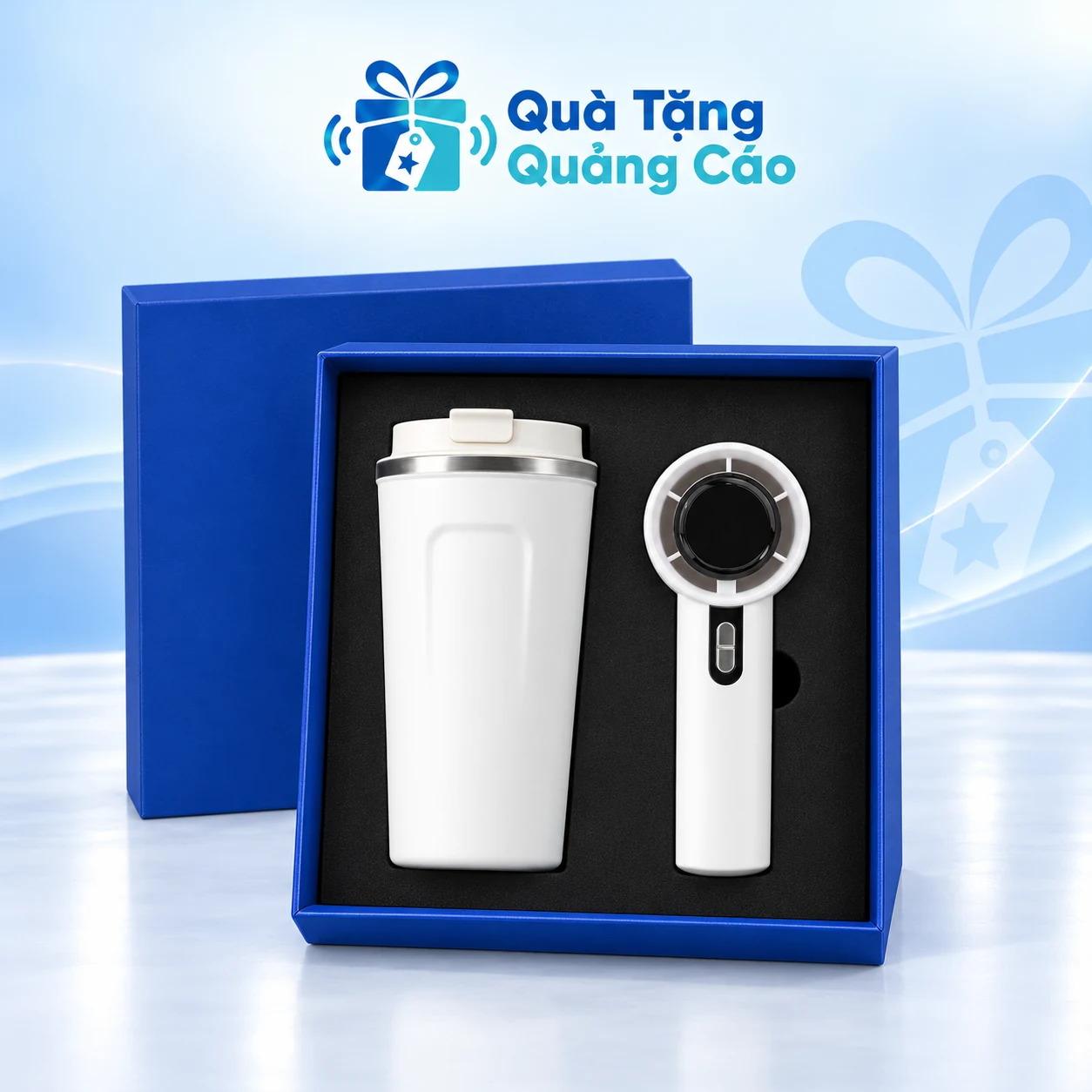 Minh họa ly 510ml và quạt mini 03 trong hộp xanh Minh họa ly trắng nắp bật và quạt mini trắng trong hộp xanh khay đen
