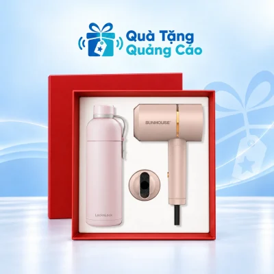 Minh họa máy sấy SUNHOUSE và bình LocknLock màu hồng nằm trong hộp đỏ khay sáng