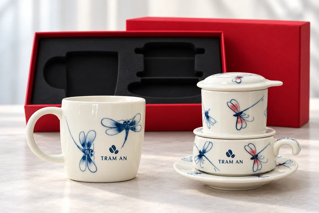 Minh họa logo hạt cà phê TRAM AN trên khoảng trống của cốc lùn và cốc riêng thuộc bộ phin