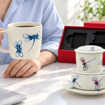 Minh họa người lớn cầm cốc lùn chuồn chuồn xanh có cà phê, bên cạnh phin lắp trên cốc riêng và đĩa