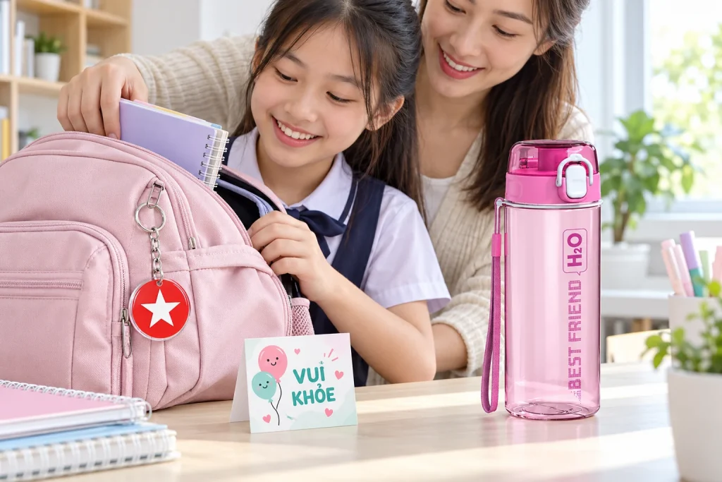 Minh họa bình Duy Tân hồng đặt trên bàn và móc khóa tròn gắn vào ba lô khi chuẩn bị đồ dùng