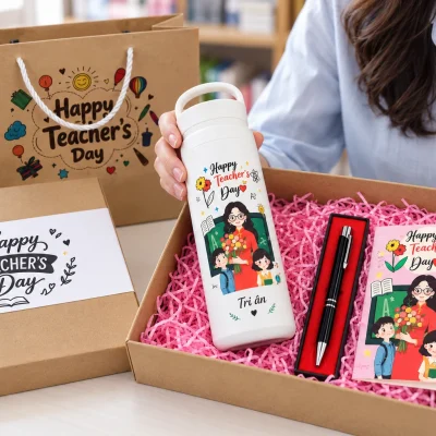 Minh họa người lớn cầm bình trắng có quai vừa lấy khỏi hộp, bút vẫn trong hộp riêng bên cạnh thiệp và giấy rơm hồng