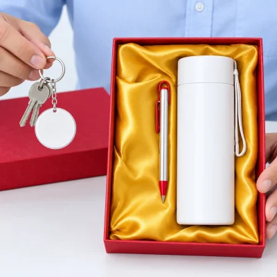 Minh họa người lớn cầm móc khóa mica tròn cùng chìa, bình và bút vẫn trong hộp lót lụa