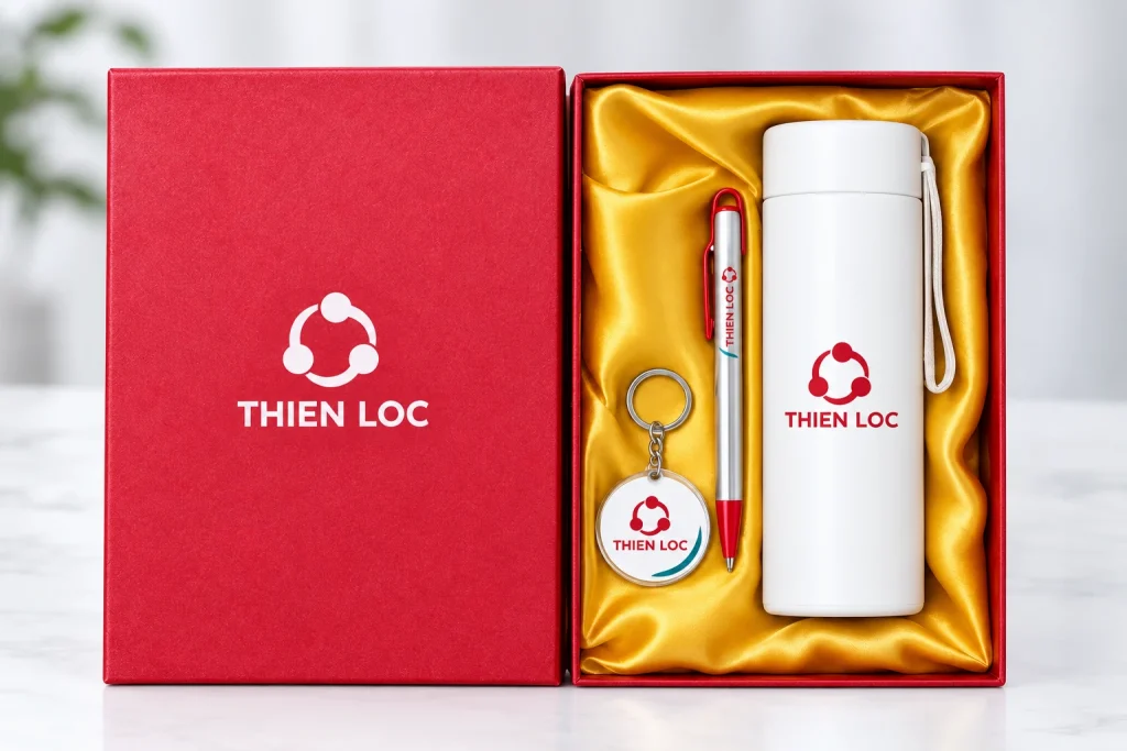 Minh họa THIEN LOC trên bình một màu đỏ, bút UV một vị trí, móc khóa mica và nắp hộp