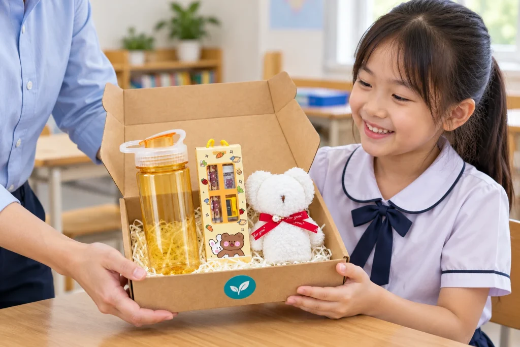 Minh họa người lớn trao hộp quà bình nhựa, dụng cụ học tập và khăn gấu cho học sinh