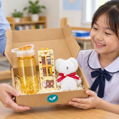 Minh họa người lớn trao hộp quà bình nhựa, dụng cụ học tập và khăn gấu cho học sinh