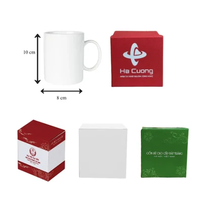 Ảnh tư liệu cốc sứ quai C cao 10cm, miệng 8cm và các mẫu hộp tham khảo