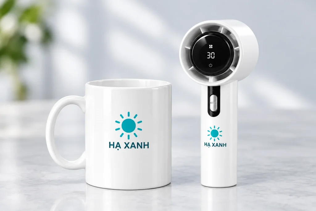 Minh họa nhận diện HẠ XANH trên cốc trắng và thân quạt mini 03