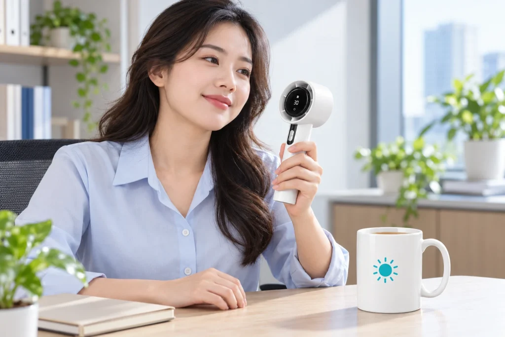 Minh họa người phụ nữ dùng quạt mini 03 khi nghỉ làm việc, cốc quai C đặt trên bàn bên cạnh