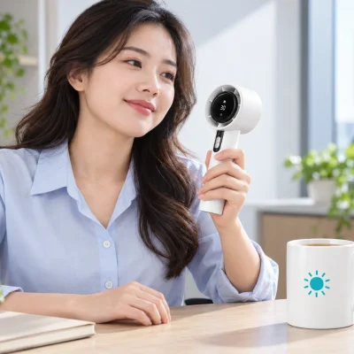 Minh họa người phụ nữ dùng quạt mini 03 khi nghỉ làm việc, cốc quai C đặt trên bàn bên cạnh