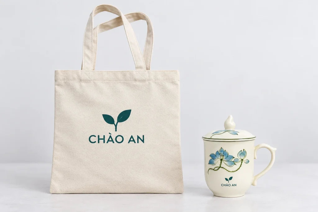 Minh họa nhận diện CHÀO AN một màu trên túi canvas và vùng men trống của cốc