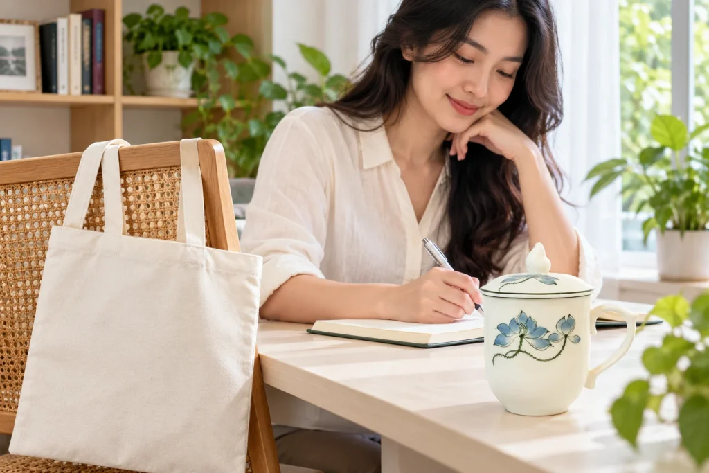 Minh họa người nhận ghi chép cạnh cốc sen xanh có nắp và túi canvas treo trên ghế
