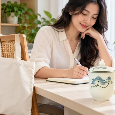Minh họa người nhận ghi chép cạnh cốc sen xanh có nắp và túi canvas treo trên ghế