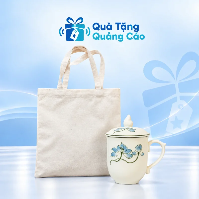Bộ quà cốc sứ sen xanh có nắp và túi canvas 35×37cm