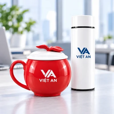 Minh họa logo VA VIỆT AN màu trắng trên cốc đỏ và màu xanh trên thân bình trắng