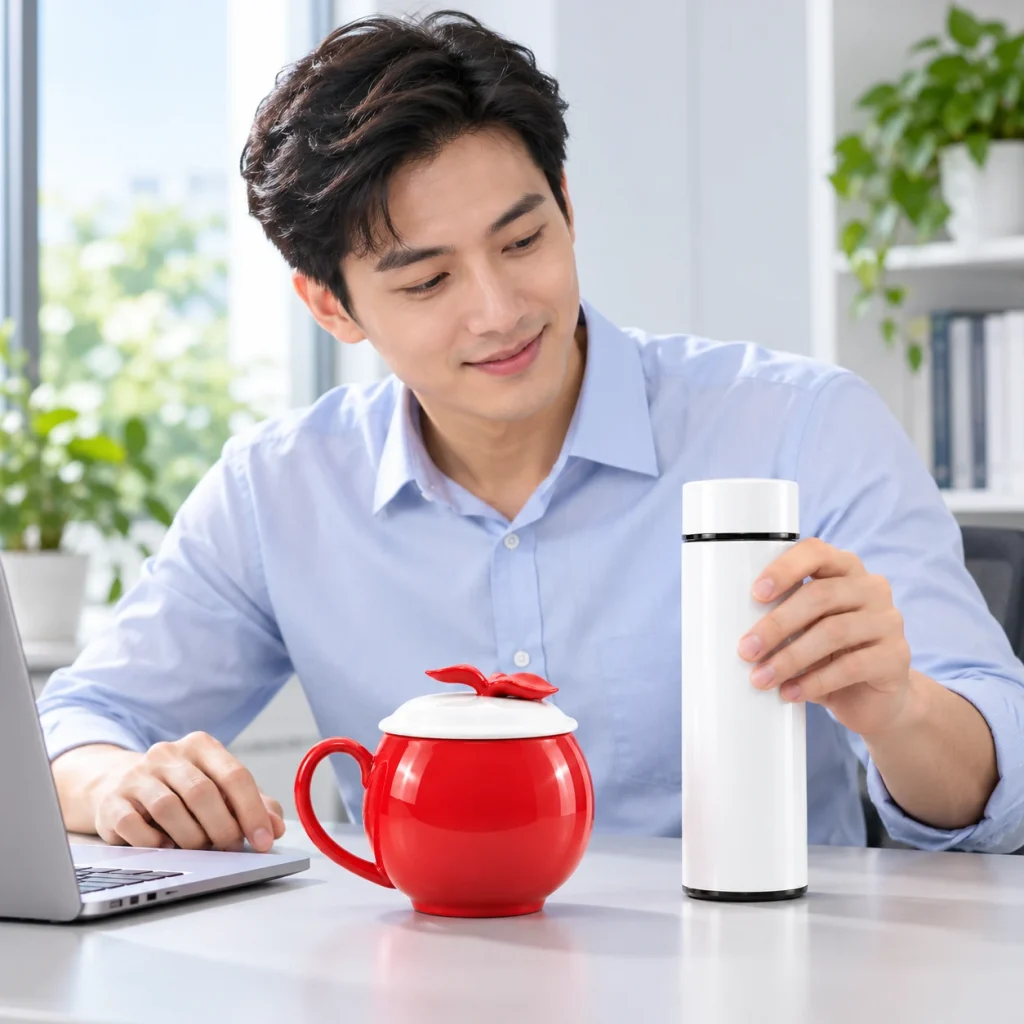Minh họa người nhận đặt cốc táo đỏ có nắp bên bình trắng tại bàn làm việc