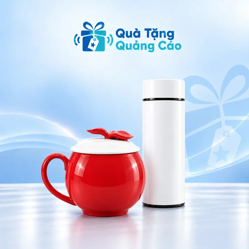 Bộ quà cốc táo có nắp Khánh An và bình giữ nhiệt trắng