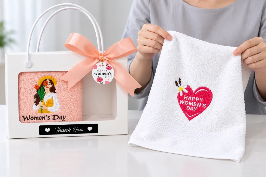 Minh họa người lớn mở khăn mặt trắng cạnh hộp còn khăn tắm hồng đào bên trong