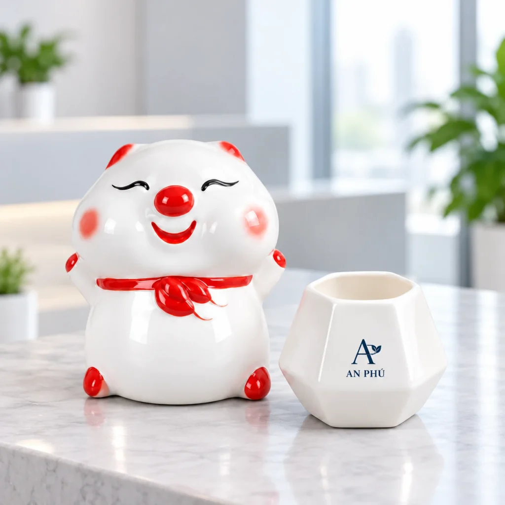 Minh họa logo AP AN PHÚ màu xanh ở một mặt cốc sứ rỗng cạnh heo đất trắng đỏ