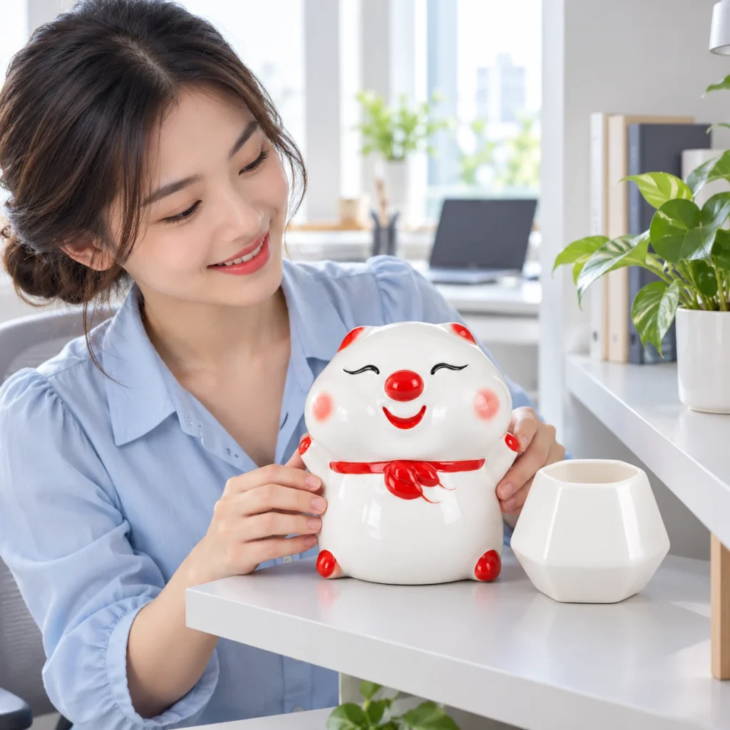 Minh họa người nhận đặt heo đất trắng đỏ lên kệ thấp cạnh cốc sứ trắng rỗng