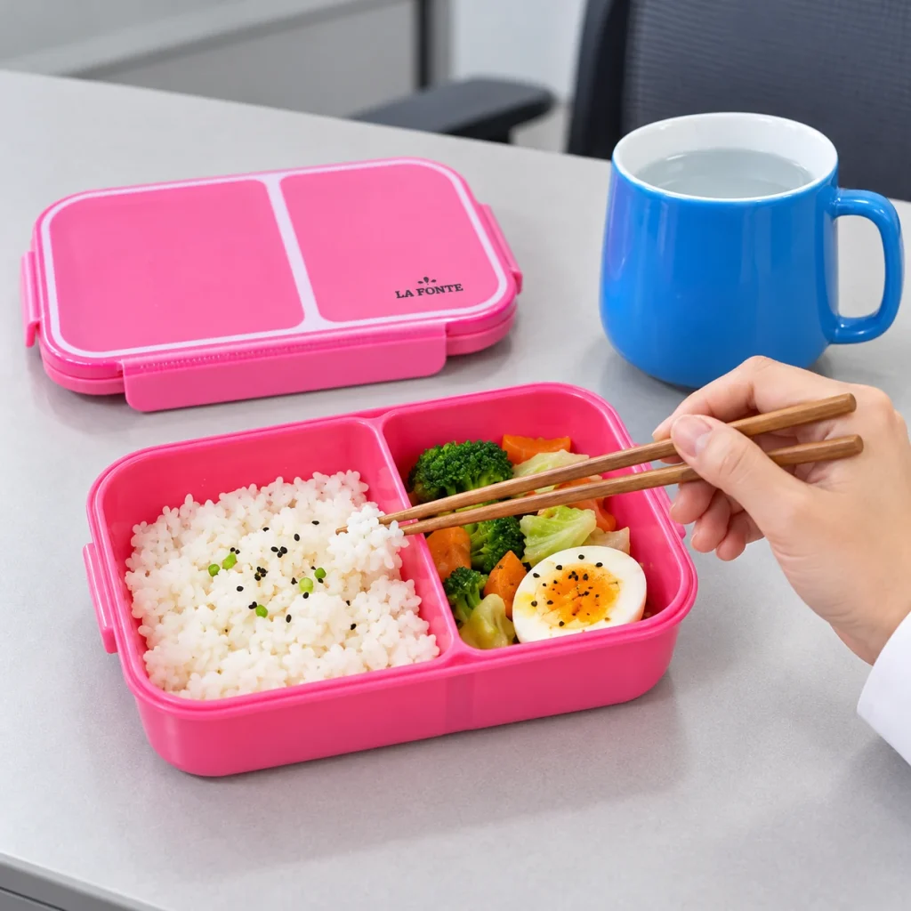 Minh họa hộp cơm hồng mở hai ngăn đựng cơm và món ăn kèm, nắp tháo rời và cốc xanh lòng trắng bên cạnh
