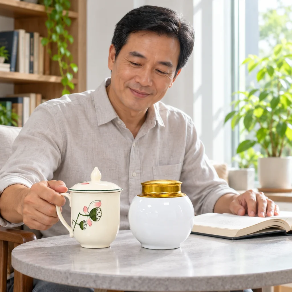 Minh họa người nhận cầm cốc sen men kem bên hũ trà men trắng ở góc đọc sách