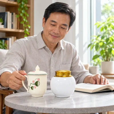 Minh họa người nhận cầm cốc sen men kem bên hũ trà men trắng ở góc đọc sách
