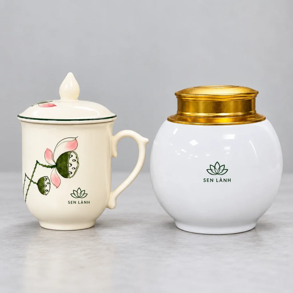 Minh họa nhận diện SEN LÀNH trên cốc sen men kem và hũ trà men trắng