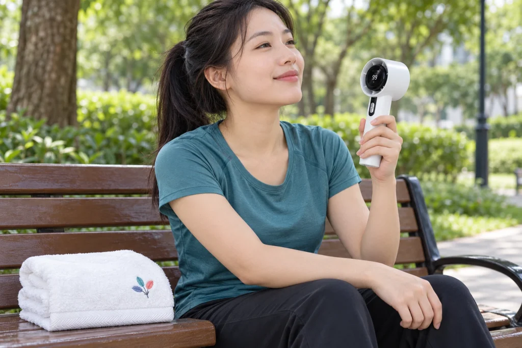 Minh họa người phụ nữ cầm quạt mini 03 khi nghỉ sau đi bộ, khăn cotton trắng đặt cạnh trên ghế