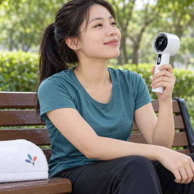 Minh họa người phụ nữ cầm quạt mini 03 khi nghỉ sau đi bộ, khăn cotton trắng đặt cạnh trên ghế