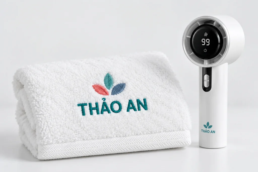 Minh họa nhận diện THẢO AN thêu ba màu trên khăn trắng và in một màu trên thân quạt mini