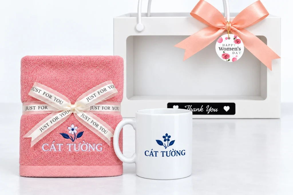 Minh họa nhận diện CÁT TƯỜNG thêu trên khăn hồng và in trên cốc trắng