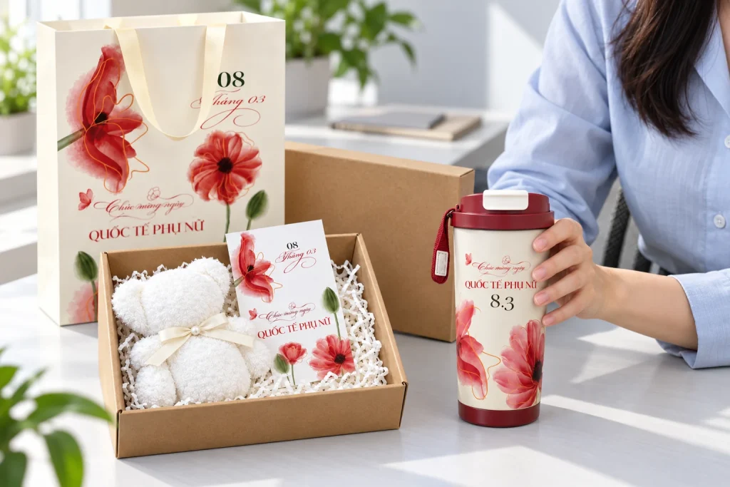 Minh họa người nhận đặt ly nắp đỏ lên bàn, hộp khăn gấu và túi giấy đặt bên cạnh