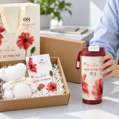 Minh họa người nhận đặt ly nắp đỏ lên bàn, hộp khăn gấu và túi giấy đặt bên cạnh