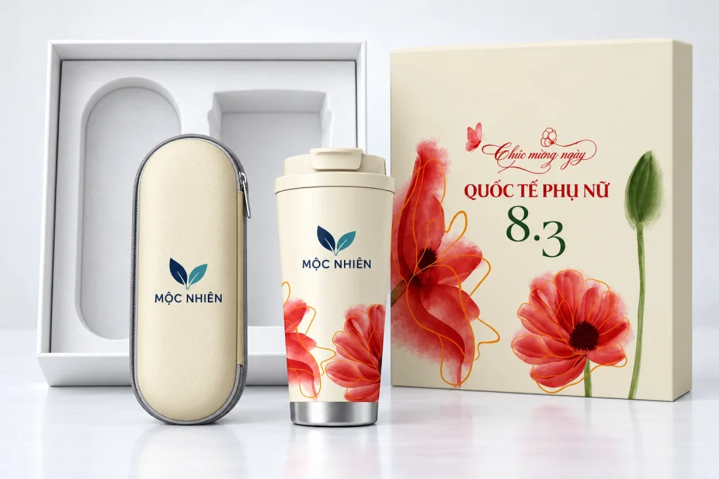Minh họa nhận diện MỘC NHIÊN trên ly giữ nhiệt và túi ô tông kem