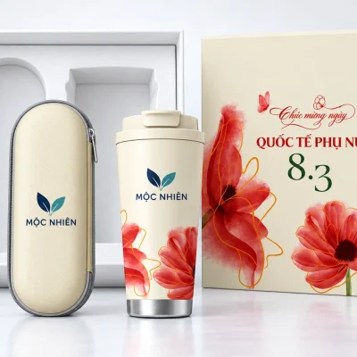 Minh họa nhận diện MỘC NHIÊN trên ly giữ nhiệt và túi ô tông kem