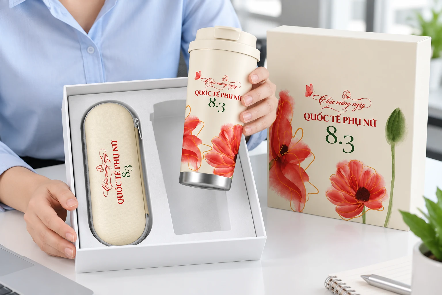 Minh họa người nhận lấy ly ra khỏi hộp quà Minh họa người lớn cầm ly giữ nhiệt cạnh hộp còn túi ô tông kem bên trong